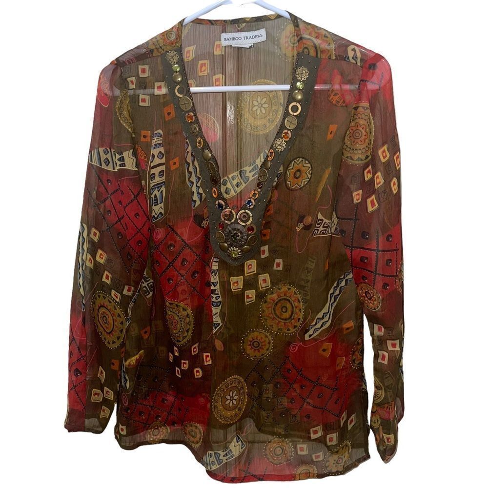 Bamboo Traders Boho Sheer Brown, Red & Yellow Blouse -‎ Size Small